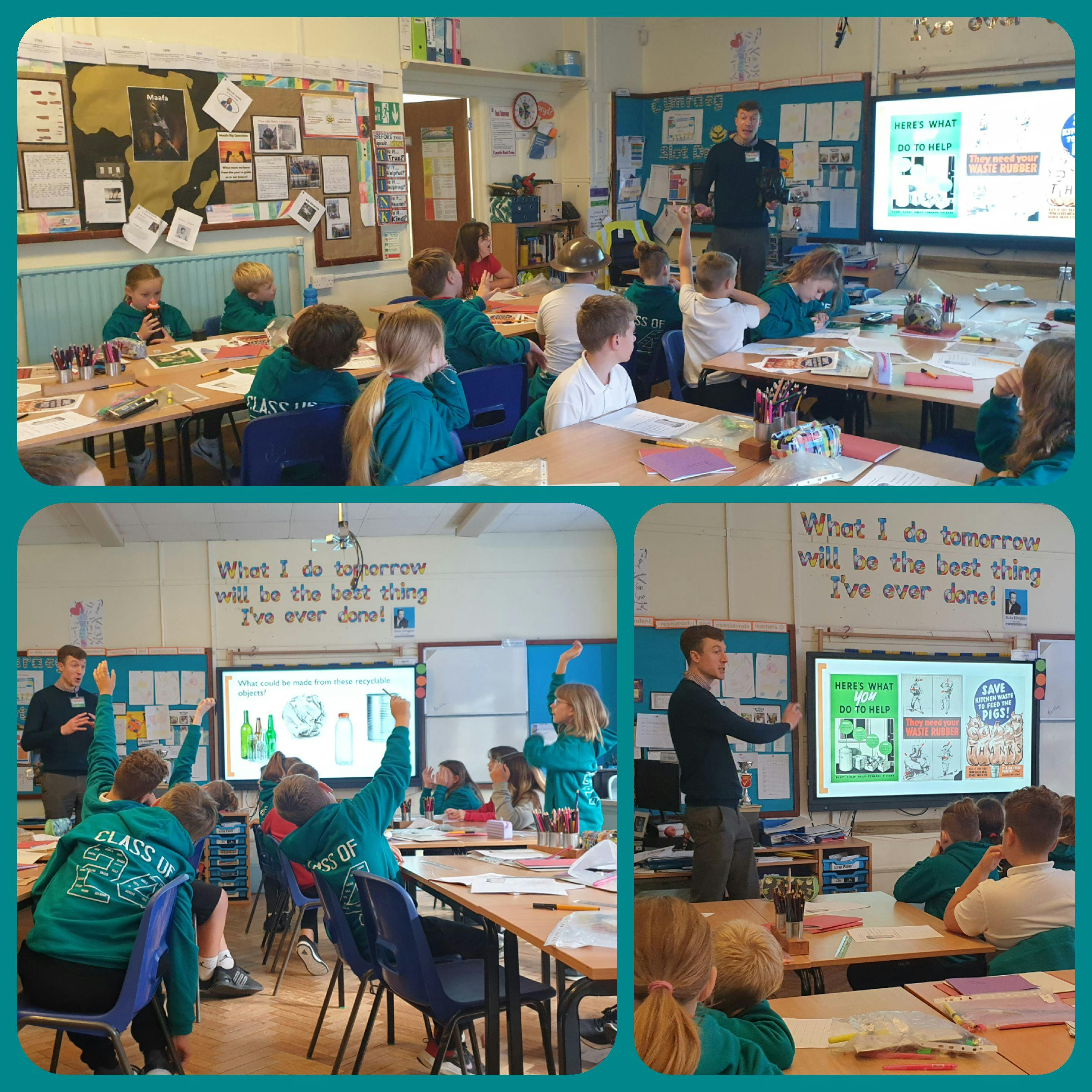 A collage of three different images of a class at school learning about recycling with their teacher.