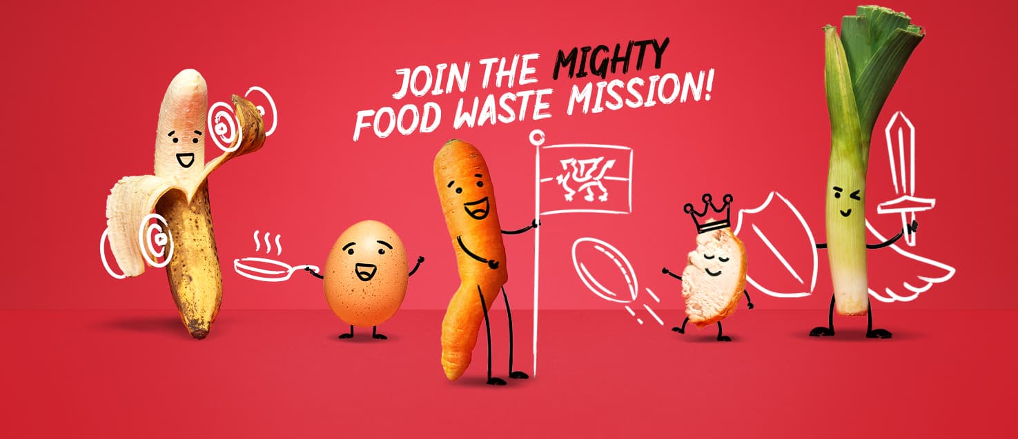 Banana, carrot, chicken, egg and leek foodie characters with the text: Join the Mighty Food Waste Mission!