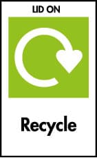 White recycling swoosh on a green background with the word "Recycle" underneath and the word "Lid on" above