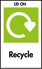 Logo ailgylchu gwyn gyda'r geiriau "Lid on" a "Recycle"